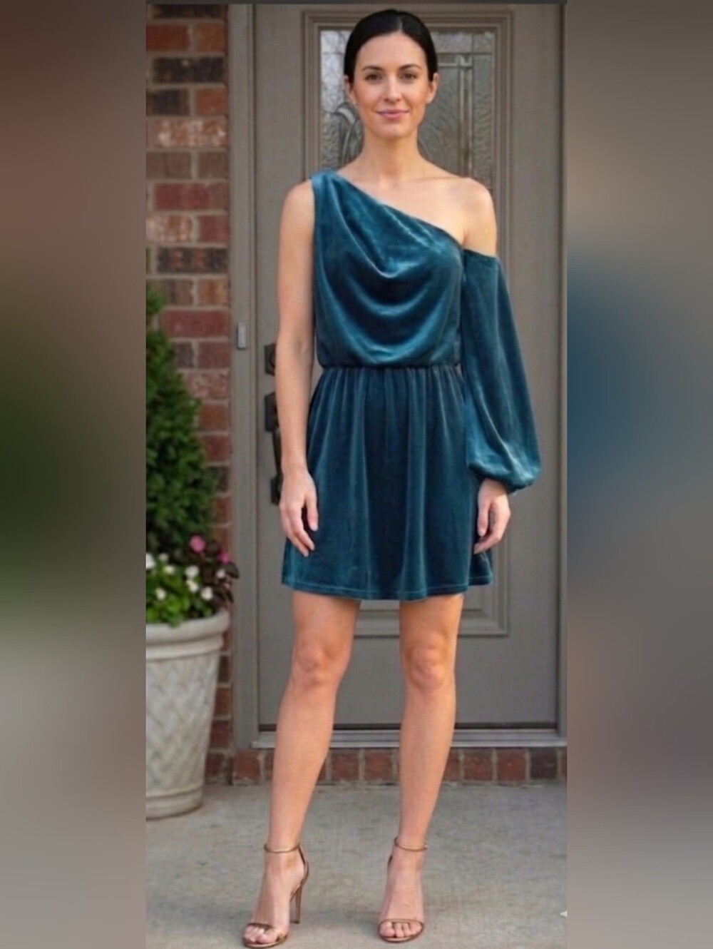 ASOS One Shoulder Velvet Party Festive Mini Dress / Sz 4 / Teal- Emerald Green